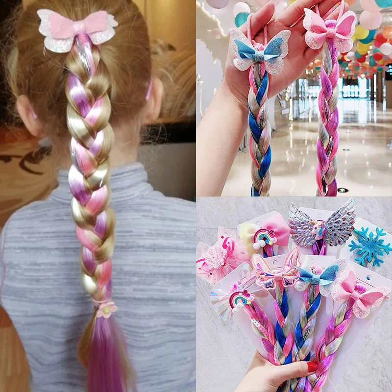 Elsa Gadget - Langes Zopfhaar für kleine Mädchen, Rosen-Regenbogen-Perücke,